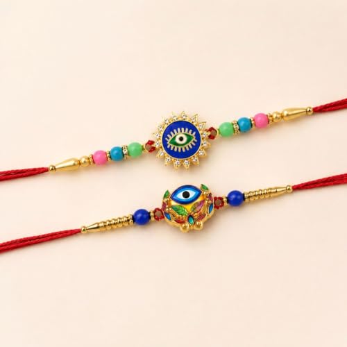 Image of Oblivion Rakhi for Brother - Evil Eye Design Color Beads Rakhi 2 Pcs with Silver Color Pooja Coin & Greeting Card & Tilak Set, Raksha Bandhan Celebration Gift Combo for Bhai (K2 1059+1960)