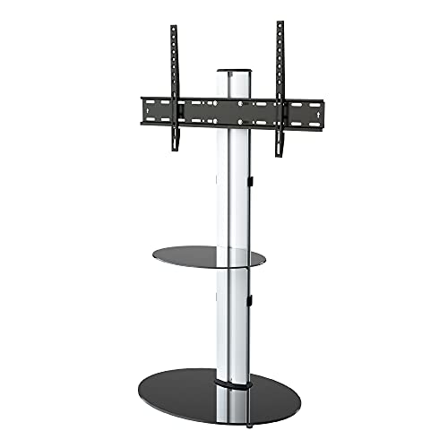 MAHARA Swivel Column TV Stand - for 32 to 55 inch TVs-Universal freestanding silver tall floor stand with oval black glass shelves & cable management-Height adjustable & fits in corners-Weight 40kg