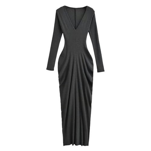 Robe longue de printemps col en V robe cintrée gris foncé taille M