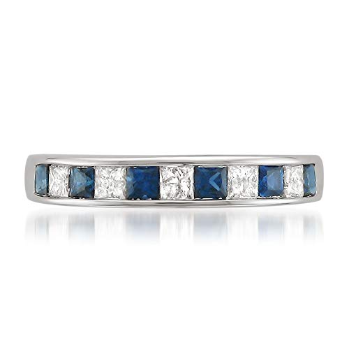 La4Ve Diamonds 1.00 Carat Channel Set Princess-Cut Diamond & Blue Sapphire Wedding Band Ring In 14K White Gold (H-I, I1-I2) #TOP2