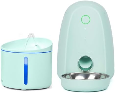 Cat Feeder and Water Dispenser, Automatic Cat Feeder with app and Water Dispenser in Set 2 Packs for Small Medium Pets Puppy Kitten (Green)