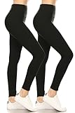 Leggings Depot Women's 3' Waistband Yoga High Waisted Solid Leggings Pants (Full Length, Black-2pc, Medium)