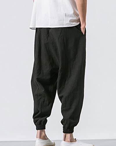 LifeHe Men's Hip Hop Harem Pants Joggers Linen Drawstring Elastic Waist Baggy Drop Crotch Sweatpants Trousers2