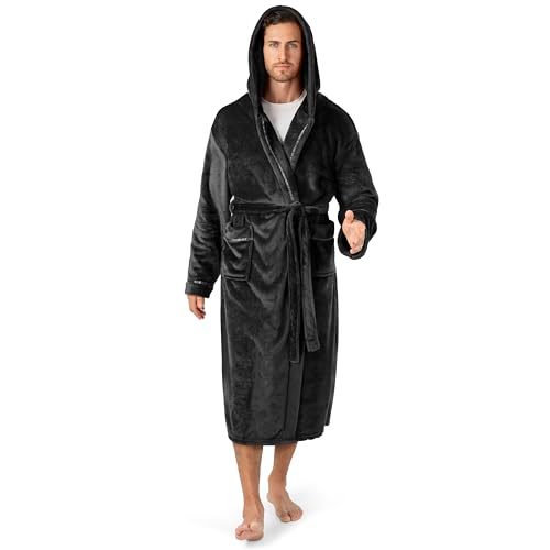 PAVILIA Mens Hooded Bathrobe, Fleece Black Robe With Hood, Plush