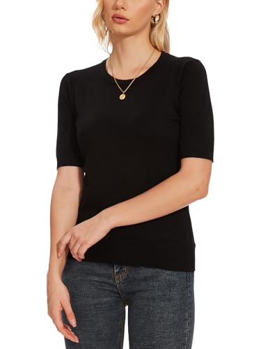 Image of Spicy Sandia Women's Short Sleeve Sweater Casual Knit Pullover Top for Summer Lightweight Black M