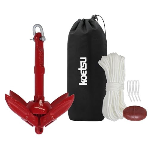 KOETSU カヤック アンカー アンカーキット、0.7 kg、折りたたみ式、完全に引っ掛かり防止、6mm 20m アンカーロープ、収納バッグ、ラッシングストラップ、アンカーボール付き、小型ボート、カヤック、SUP、インフレータブルボート、ジェットスキー、湖釣り、浅瀬釣り、アンカー釣りに最適 赤