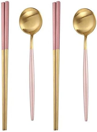 Mengbaobao MBB 2 Pairs of Chopsticks & 2 Spoons Flatware Set Dinner Stainless Steel - Pink Gold