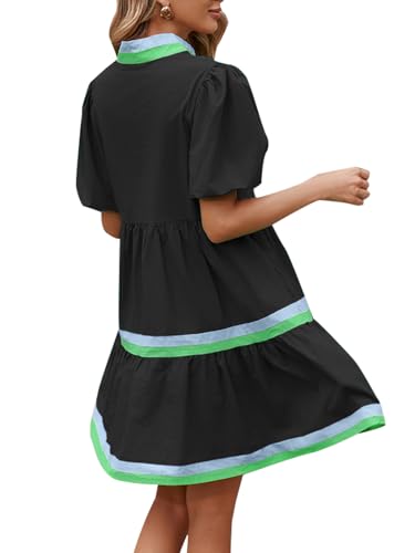 Image of LifeShe Womens Puff Sleeve Babydoll Dress V Neck Navy Blue Striped Color Block Tiered Mini Dresses