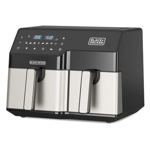 BLACK+DECKER - Freidora de Aire Doble 2500W | Capacidad Total 9L | 8 Programas Predefinidos | Pantalla Táctil Digital | Temperatura Ajustable 80-200ºC | Tecnología Double Cooking