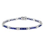 Homxi Pulsera de Mujer de Oro Blanco 9 K, Cuadrado con Zafiro y Diamante, Cadena 19 CM, Pulsera de Cadena Plata Azul Mujer