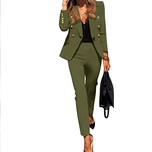 Women's Two Piece Set Double Breasted Open Front Long Sleeve Blazer and Elastic Waist Solid Pant Outwear Casual Suit (Army Green-8#, XXL) - Main Image