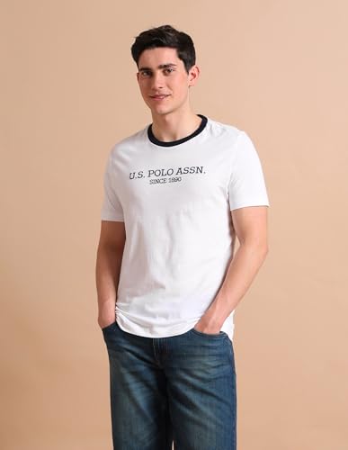 Image of U.S. POLO ASSN. Brand Printed Cotton T-Shirts for Men - Half Sleeves Mens Casual T Shirts - M, White