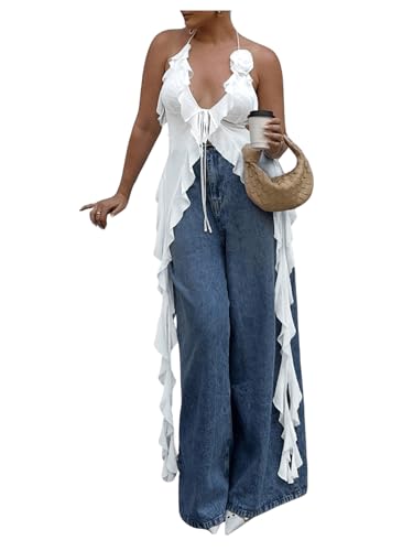 GORGLITTER Women's Fringe Flower Halter Tops Ruffle Tie Front Sleeveless Backless Top Concert Coachella Rodeo Outfits White Medium