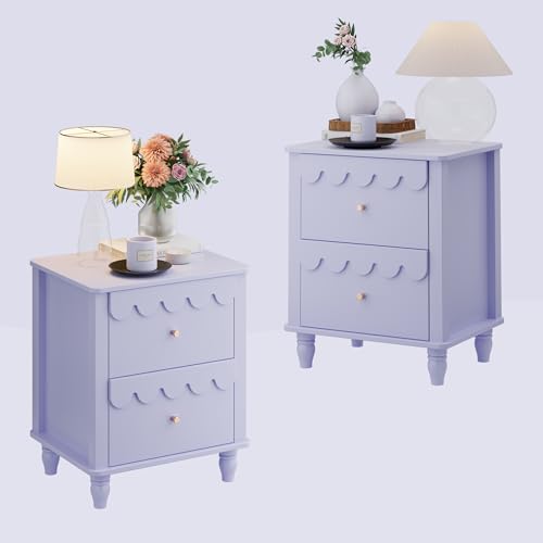 Image of Anbuy Purple End Table Set of 2 with Petal Pattern, Modern Night Stand Set 2 with 3 Drawers for Bedroom, Side End Table Scalloped Bedside Night Tables with Solid Wood Legs