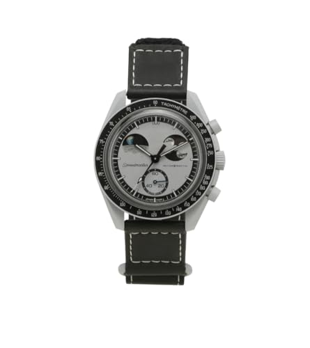 Image of Quartz Moon Chronograph, Silver Dial, Black Leather Strap, Tachymeter Bezel, Moon Phase Display