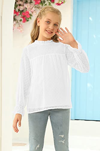 Haloumoning Girls Cute Short/Long Sleeve T Shirts Casual Loose Swing Ruffle Blouses Kids Soft Chiffon Tops Tee 4-15 Years D-White #TOP1