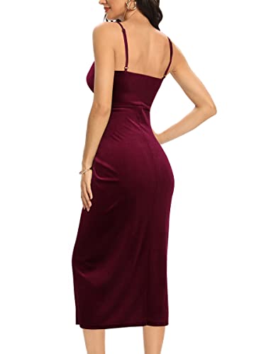 Image of Missufe Women's Sleeveless Spaghetti Strap Wrap V Neck Bodycon Ruched Slit Midi Party Cocktail Velvet Dress