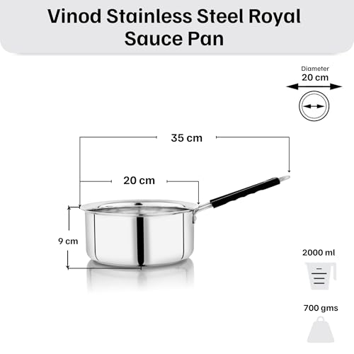 Image of Vinod Stainless Steel Royal Saucepan | 20 cm Diameter | 2000 ml Capacity | 18G & 1.5mm Thickness | Even Heat Distribution | Induction & Gas Compatible | Multi-Purpose Cookware
