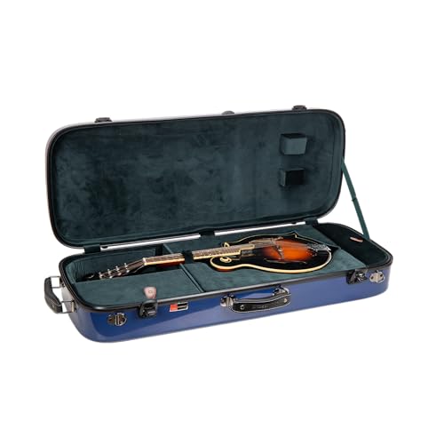 Image of Crossrock Fiberglass Mandolin Case - Oblong for F-Style (Fits Gibson F5) | Navy Blue Gloss Finish, Forest Green Velvet, TSA Lock, Hygrometer, Backpack Straps - Hard Shell Pro Travel Series