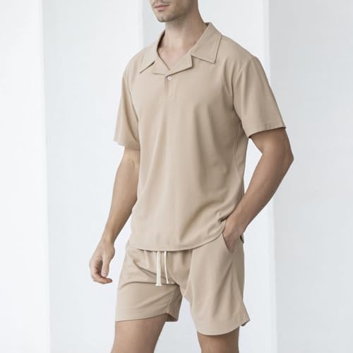 Mens Waffle Casual Button Down Short Sleeve T Shirts and Loose Shorts Summer Beach Vacation 2 Piece Outfit Lounge Sets2