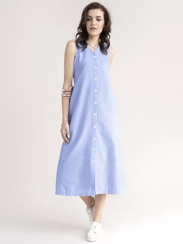 Image of FableStreet Women Casual Midi Cotton Button Down A-Line Dress | Button Down Flowly Dress Perfect for Outings