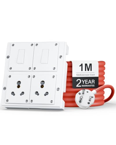 Image of FEDUS 16amp 3000 Watts 1 Meter Cable Heavy Duty High Load Capacity Electric Power Extension Switch Board Cord with 2 Socket 2 Switches,for Oven,EV Charger Charging,Iron Press,Induction Stove,AC
