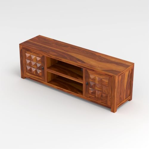 Image of Solid Sheesham Wood Entertainment TV Unit with 2 Door | Rosewood Tv Stand /TV Cabinet for Living Room | Bedroom | Wooden TV Panel with Shelf Stoarge | TV Table