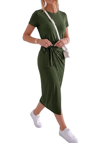Image of NOLLSOM Women Casual Sleeveless Striped Tank Midi Dresses Halter Neck Ruched Bodycon Dresses Tie Waist T Shirt Summer Dress