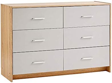 Home Source Wide Chest of 6 Drawers Bedroom Storage, Grey, Metal Runners
