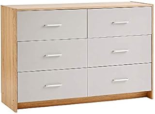 Home Source Wide Chest of 6 Drawers Bedroom Storage, Grey, Metal Runners