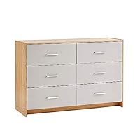 Home Source Wide Chest of 6 Drawers Bedroom Storage, Grey, Metal Runners