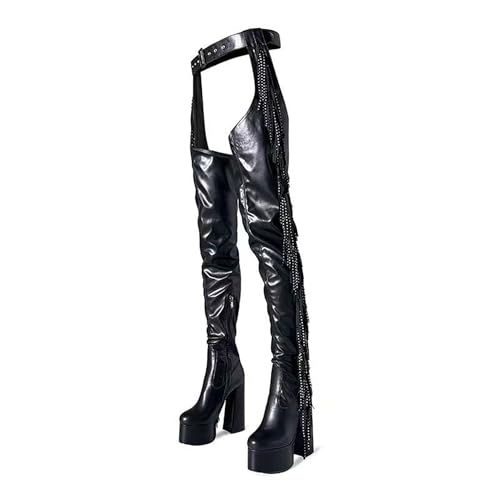 DETOGNI Women's Belted Over The Knee Platform Long Boots Fringes Silver Shine Studs Block Heels Thigh High Boots