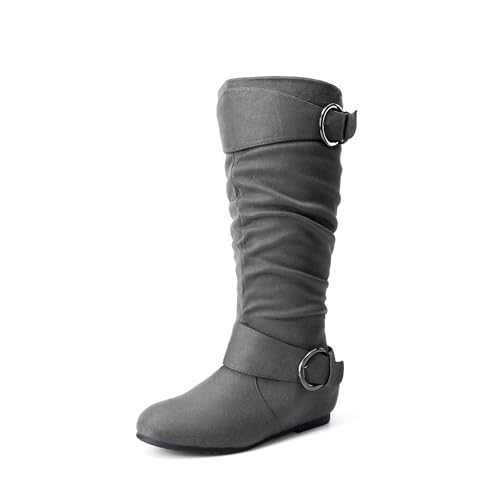 DREAM PAIRS Women's Wide Calf Knee High Boots, Fur-lined Low Hidden Wedge Boots 5.5 Grey Suede/Wide Calf