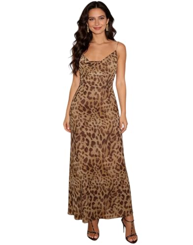 Image of Women's Sexy Sleeveless Tulle Leopard Print Maxi Dress - Elegant Spaghetti Strap Backless Party Dress
