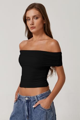 QINSEN Womens Off The Shoulder Tops Double Lined Short Sleeve T Shirts Slim Fitted Stretchy Crop Top2