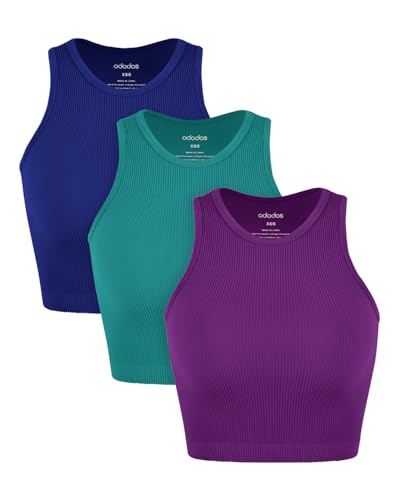 Image of ODODOS 3-Pack Seamless Crop Tank for Women Ribbed Soft High Neck Cropped Tops
