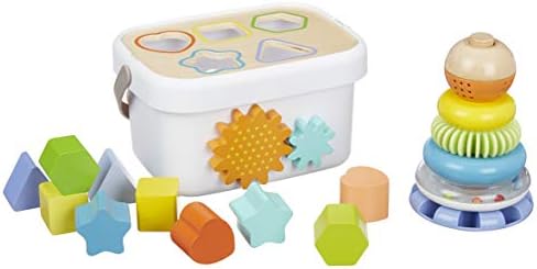 Amazon Basics Wooden Shape Sorter and Rainbow Stacker Classic Toy Set-Sorting Play For Infants Age 12M+, Multicolor