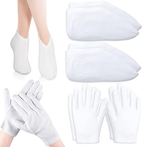 Moisturising Cotton Socks & Gloves Set, 4 Pairs Spa Foot Socks Moisturising Lotion Moisture Enhancing Gloves Repair of Dry Skin,Reusable Hydrating Care for Hands and Feet Rough Cracked