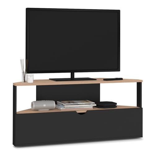 IDMarket - Meuble TV 100 cm d'angle ELI Bois façon hêtre et Noir