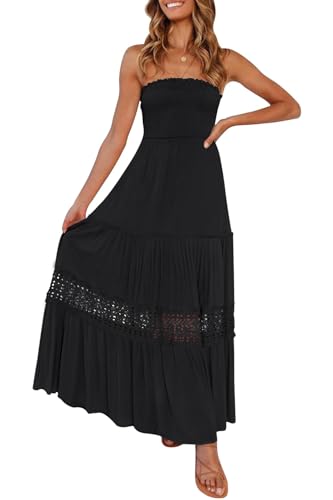 ZESICA Women's 2025 Summer Bohemian Strapless Off Shoulder Lace Trim Backless Flowy A Line Beach Long Maxi Dress,Black,Medium