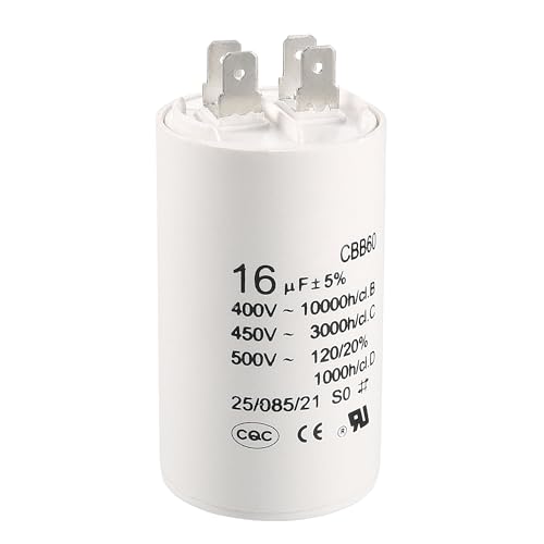 sourcing map Condensador de Funcionamiento CBB60 16uF 450V AC, Inserto Doble Cilindro de 50/60 Hz, 72x40mm Blanco para Compresor de Aire Bomba de Agua Motor