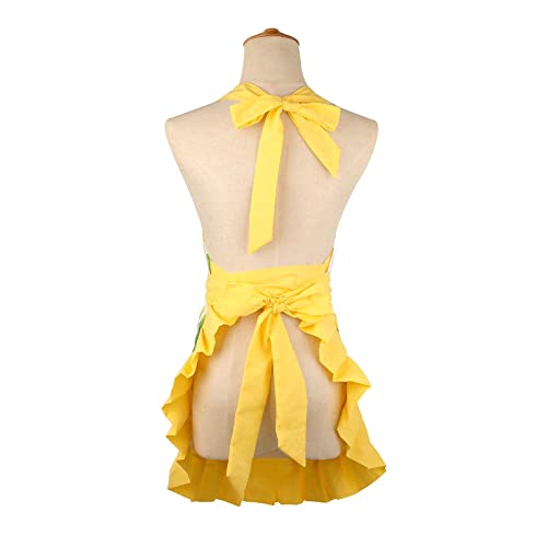 G2PLUS Lemon Cotton Women's Kitchen Apron Adjustable Cooking Baking Garden Chef Apron with Pocket