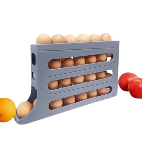 Image of Plastic Automatic Rolldown Refrigerator Rectangular 4 Tier Egg Rolling Dispenser, Holds Up To 30 Eggs, Holder For Fridge Storage - Grey (GRAY)
