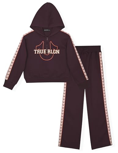 True Religion Girls 2 Piece Fleece Hooded Jogger Set – Zip-Front Hoodie & Sweatpants Outfit
