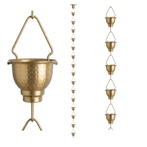 Image of Rain Chain - Brass Powder Coated 8.5 Feet Length Metal Rain Chain for Garden Decor - Rust Proof Long Lasting Rain Chain with Gutter Adaptor and Clip Installer - Rain Chain Downspout for Gutter