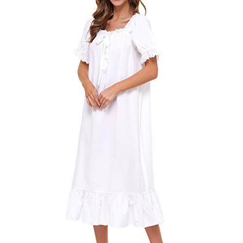 Lu's Chic Women's Victorian Nightgown Cotton Sleepwear Long Loungewear Short Sleeve Soft Nightwear Night Dress Sleep Calf Length Ruffle Nightdress Scoop Neck Lace Solid White Medium #TOP6