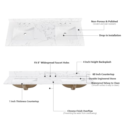 Localand 60 Inch Engineered Stone Bathroom Vanity Top, Vanity Top with Undermount Double Ceramic Sink and 4" Height Backsplash, Pre-Drilled 8 Inch Faucet Hole Spread Countertop,Calacatta Pearl