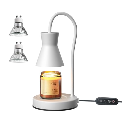 LALISU Candle Warmer Lamp with Timer and Dimmer, Vintage Electric Candle Melter with 2 Bulbs, Melter Scented Candle Height Adjustable Compatible with Jar Candles, House Warming Gifts (White)