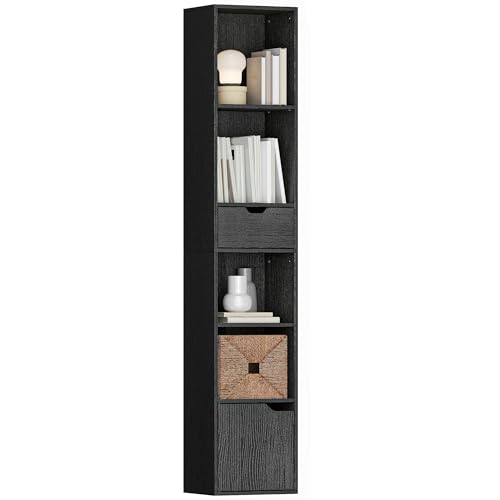HOMCOM 6-Tier Bookcase, Tall Narrow Bookshelf with Drawer, Door, Adjustable Shelf, Modern Display Standing Shelving Unit for Living Room, Home Office, Bedroom, 30 x 24 x 158 cm, Black