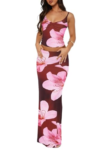Image of Two Piece Skirt Set for Women - Sexy Sleeveless Spaghetti Strap Pleated Tank Top Maxi Long Skirts Sets